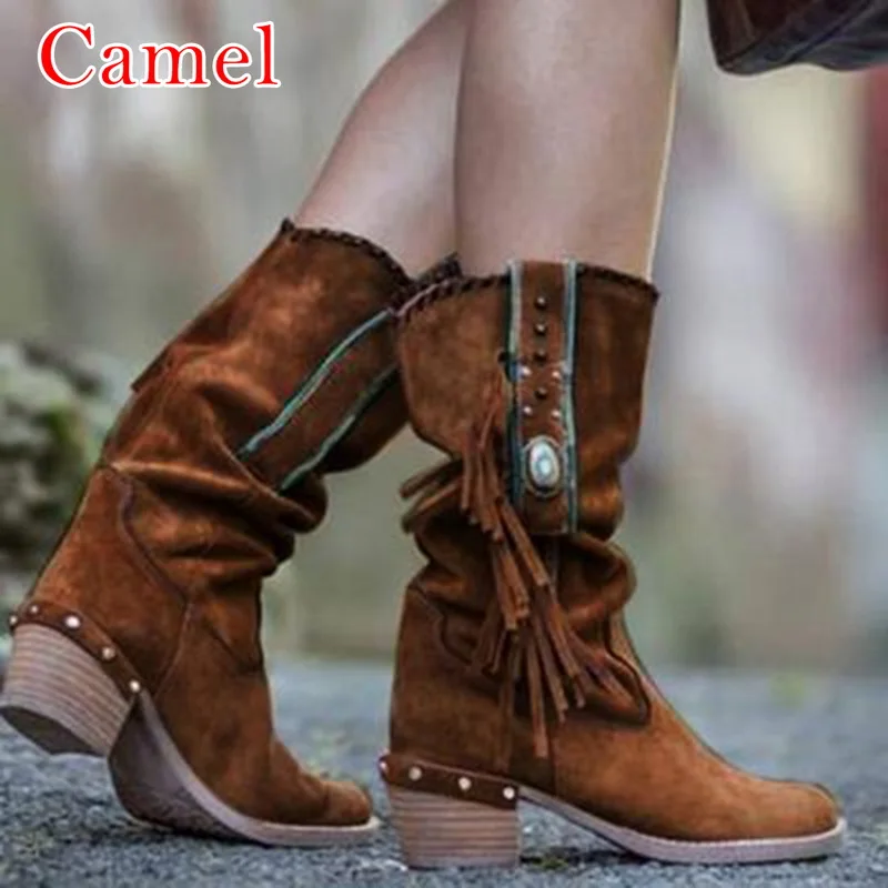 2020 Nice Bohemian Boots Women Ethnic Tassel Fringe Faux Suede Leather Mid Half Winter Woman Square Heel Shoe Booties | Обувь
