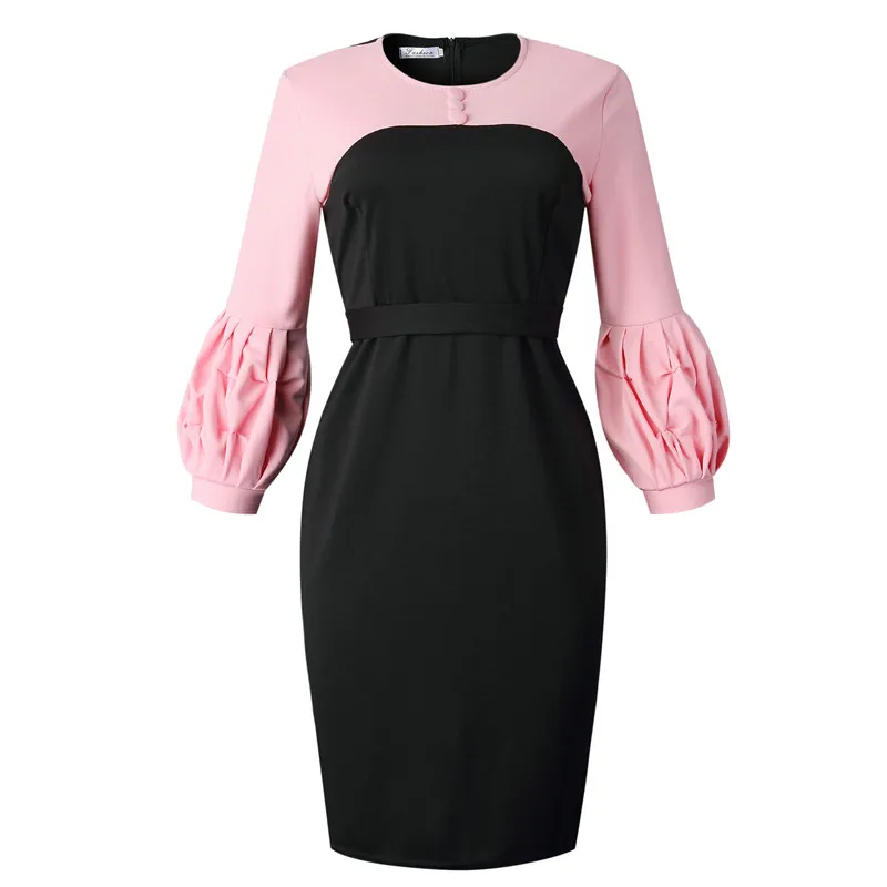 

Puff Sleeve Women Patchwork Dress Autumn 2020 Bodycon Dresses Elegant Office Lady Work Midi Dresses Femme VestiodsPlus size 4xl