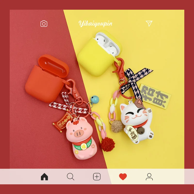 Японский мультяшный счастливый белый кот Подвеска со свиньей чехол для AirPods