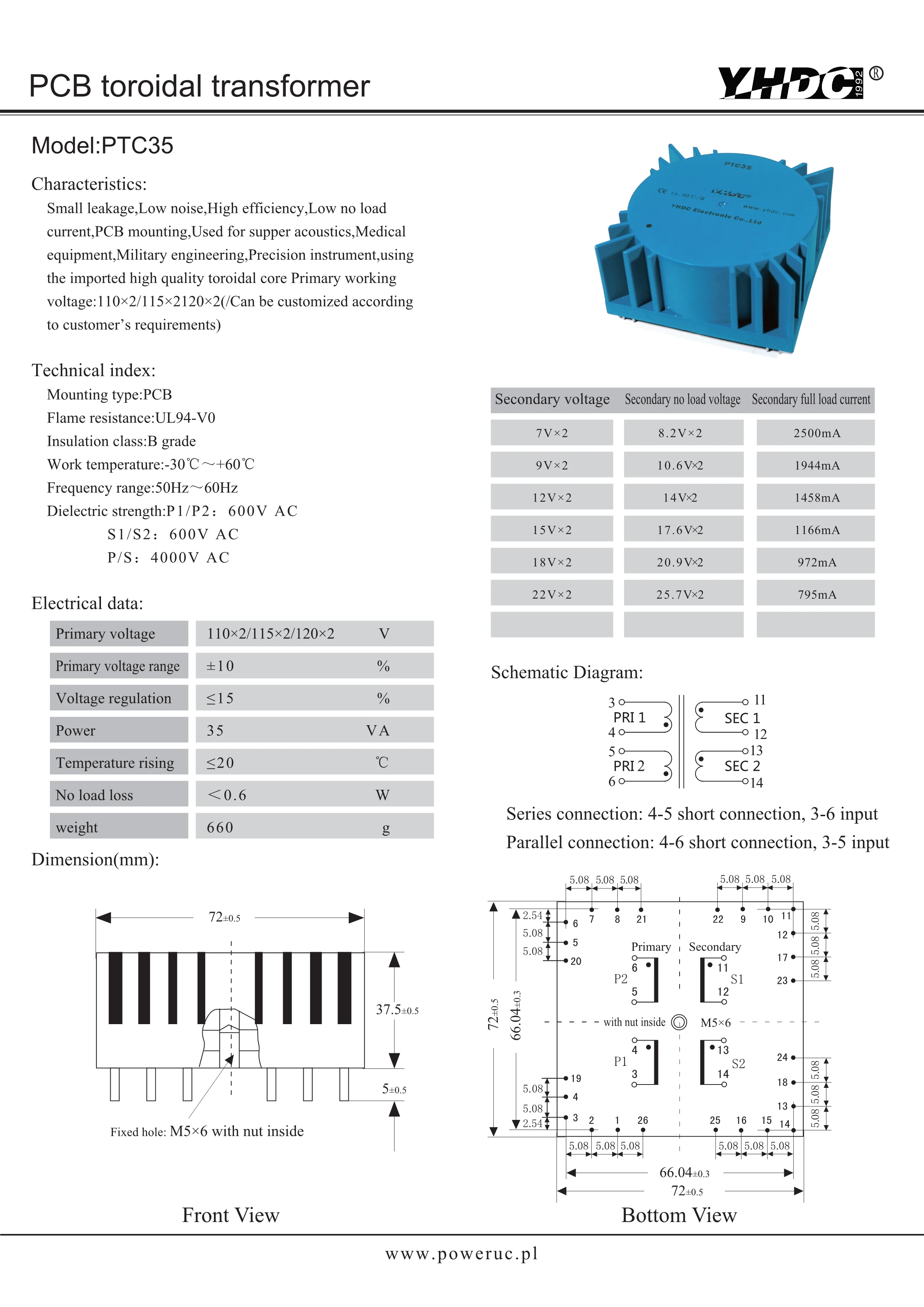 PTC35 для использования аудио мощность 35VA 2*115 в 2*12 В тороидальный трансформатор