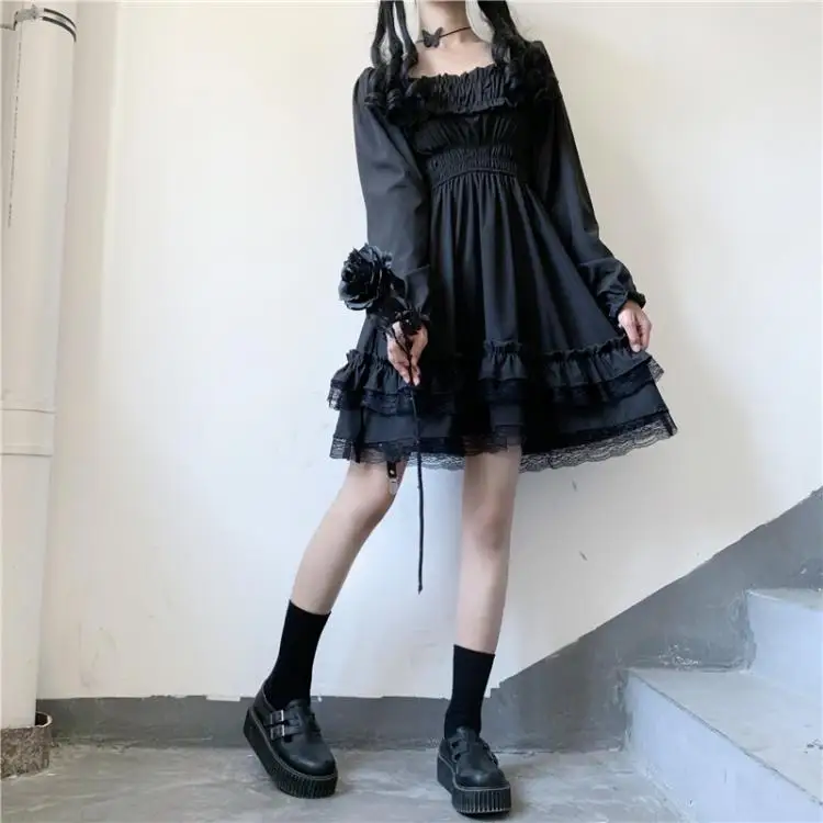 

Black Mini Dress Slash Neck High Waist Gothic Dress Puff Sleeve Lace Ruffles Party Dresses Japanese Lolita Style Women Princess