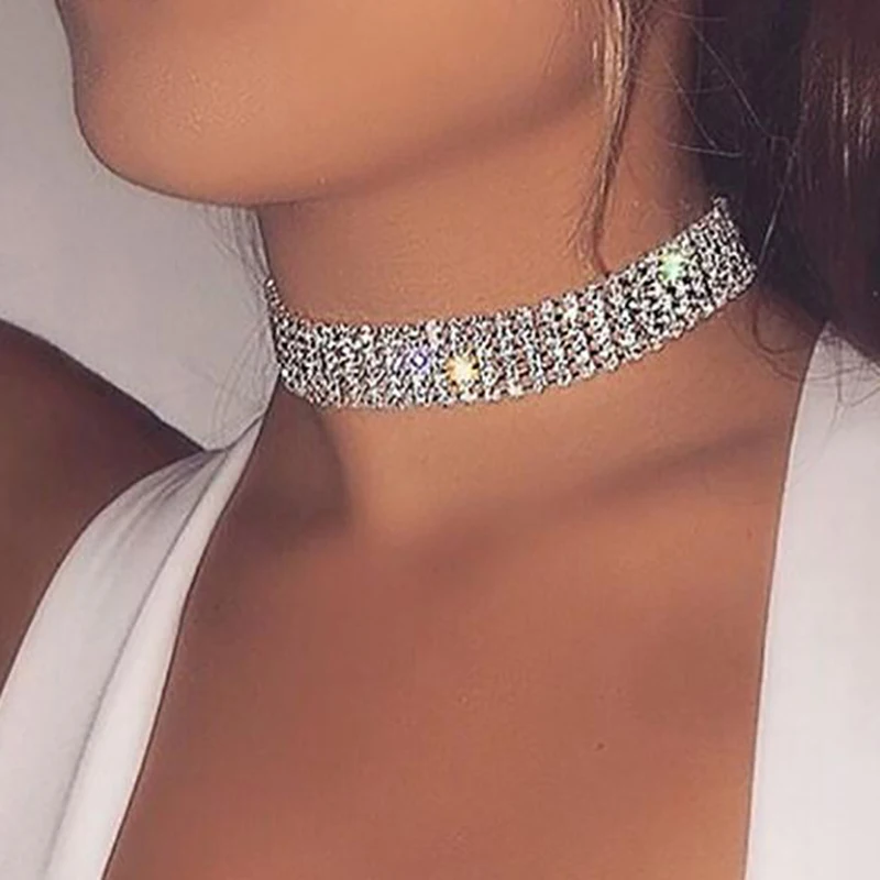 

Rhinestone Crystal Choker Necklace Women Punk Gothic Chokers Collier Jeweley Party Prom Silver Diamond Chain Bridal Wedding