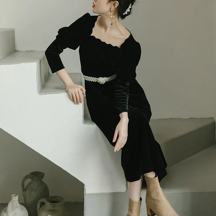 

Woman Palace French Retro Dress Female Collar Mid-Length Dress With Belt Red Wine Chinese Style Evening Dresses