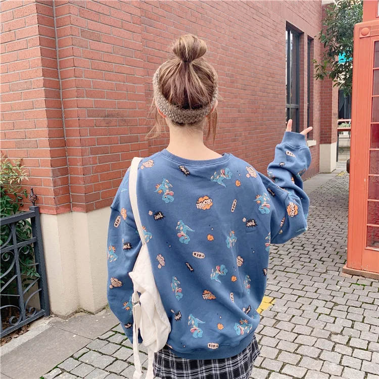 

Dinosaur print long-sleeved hoodie Harajuku kawaii O-neck loose women sweatshirt kpop large size female moletom feminino pullove