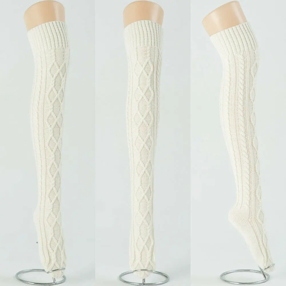 Женские зимние теплые вязаные крючком чулки выше колена до бедра в полоску