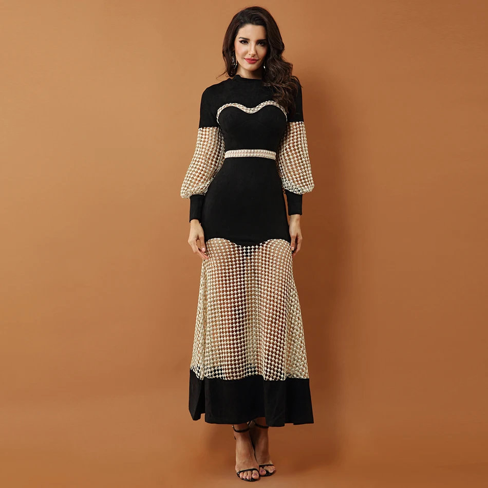 Женское Сетчатое платье Seamyla Черное вечернее с длинным рукавом|runway dress|winter