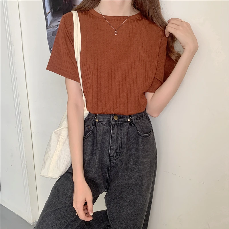 

Knitted Pullovers Sweaters Spring All-match Tops Fashion Casual Slim Women Shirt O-neck Elegant Short Sleeve Streetwear T Shirts