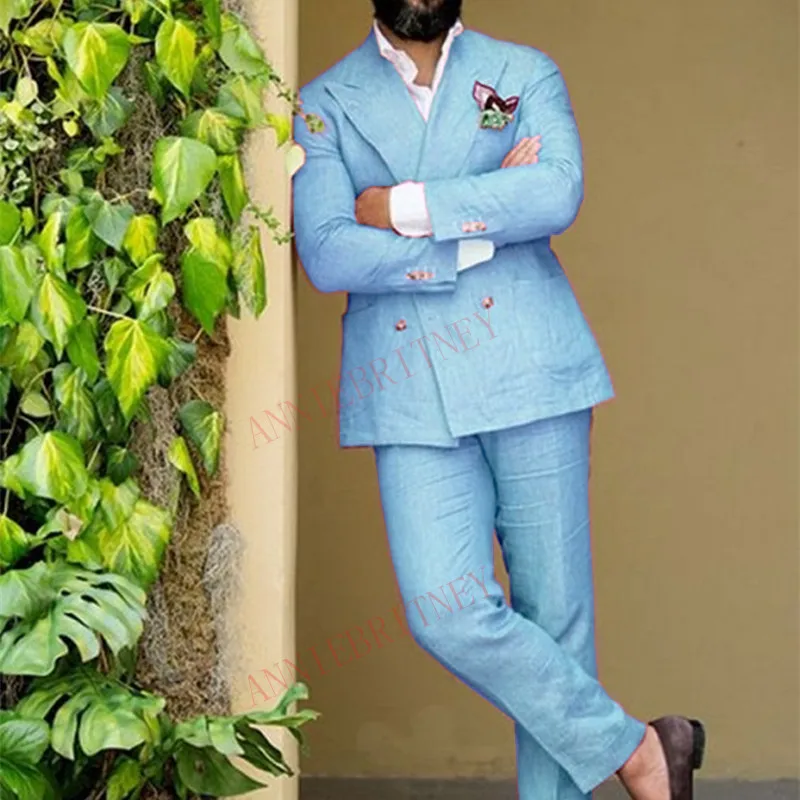 

2020 Summer Mens Suits Linen Light Blue Casual Blazer Custom Slim Fit Wedding Beach Groom Tuxedo Jacket with Pants Set 2 Pieces