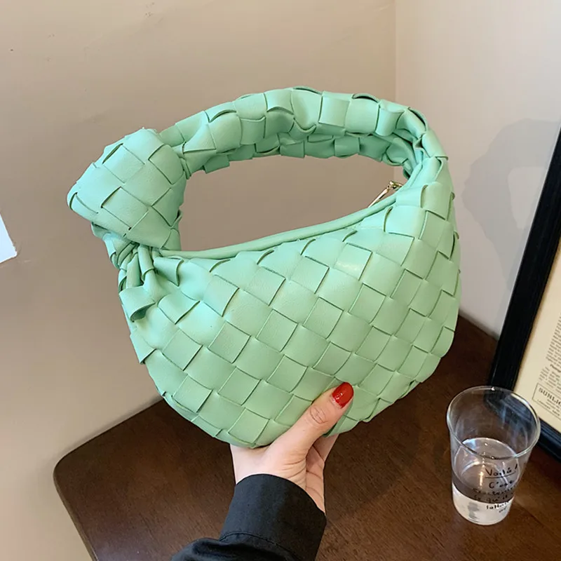 

Knotted Handle Tote Bags Women Green Hand-woven Shoulder Bag Soft Leather Clutch Handbag Lady Unique Design Weave Plaid Hobo Bag