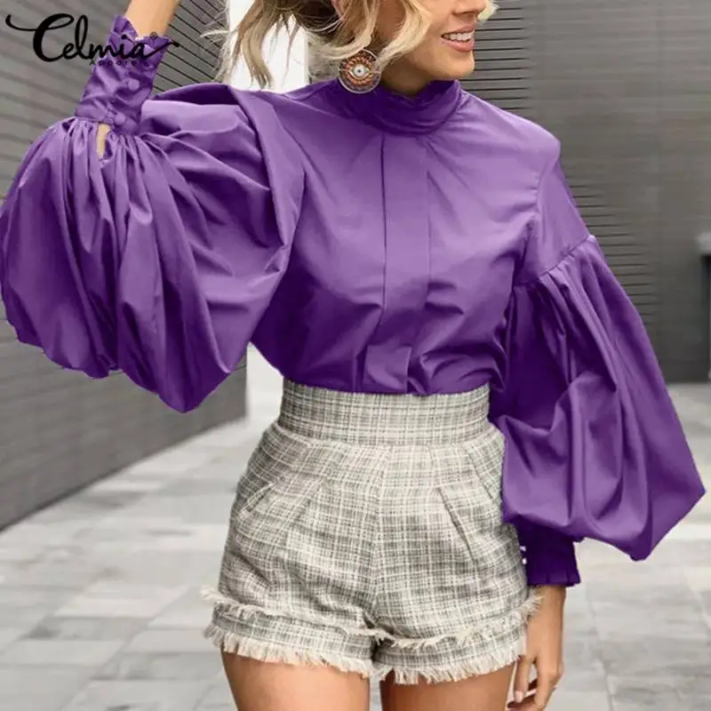 

Celmia Women Lantern Sleeve Blusas 2022 Fashion Stand Collar Blouses Solid Pleated Tunic Tops Casual Streetwear Party Shirts