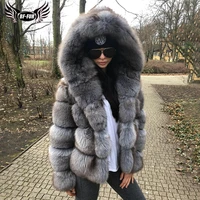 winter fashion grey thick genuine fox fur coat with big hood natural pelt real fox fur jacket for women luxury overcoat 2022