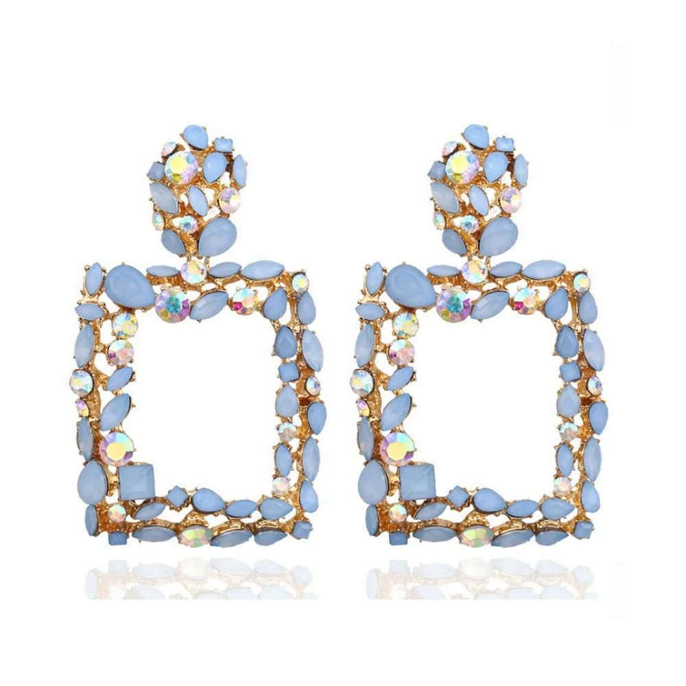 

Street Shooting In Europe and America Exaggerated Geometric Earrings Big Earrings Female New Retro Color Crystal Square Earrings