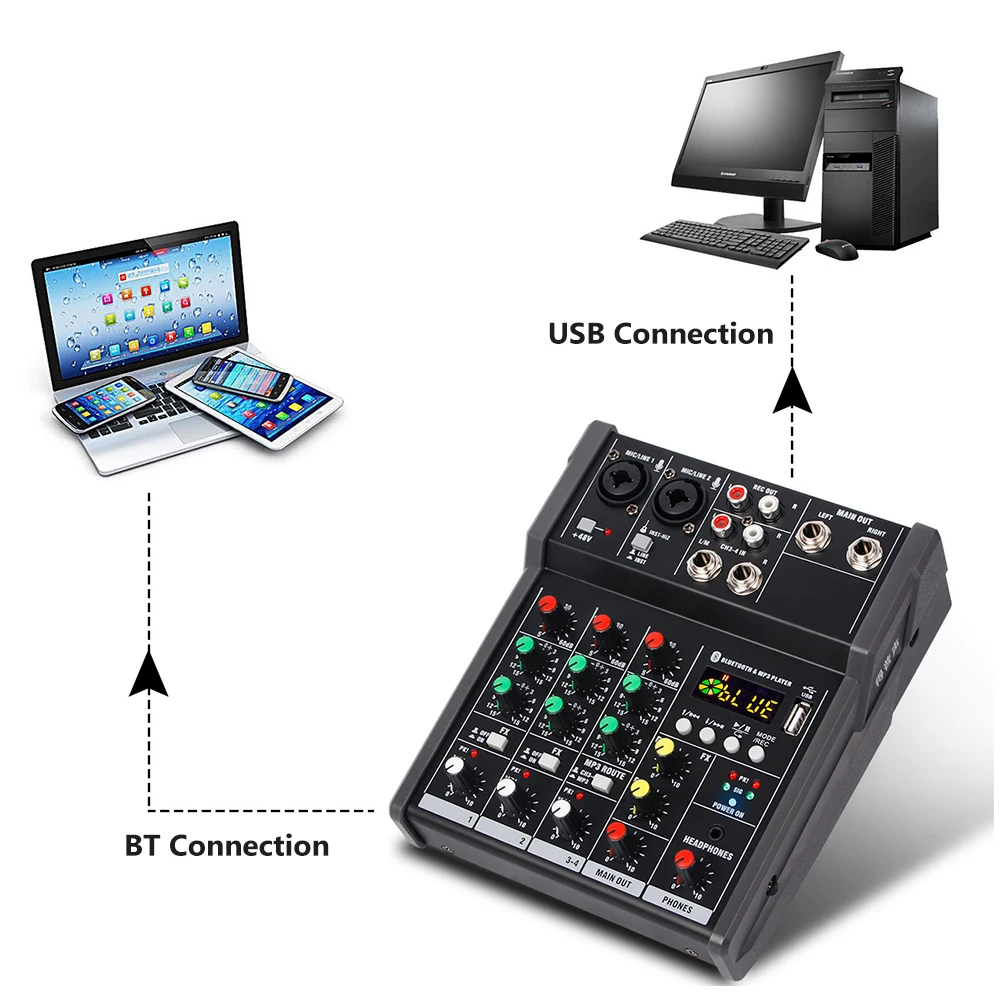 4-канальный Портативный USB микшерный пульт Цифровой аудио поддерживает