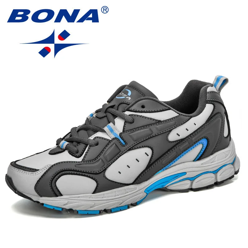 gray blue BONA кроссовки на подушке, светильник, мужские кроссовки на шнуровке, яловичный спилок, дышащая обувь, Уличная обувь для бега, Мужская беговая Обувь - Цвет: gray blue