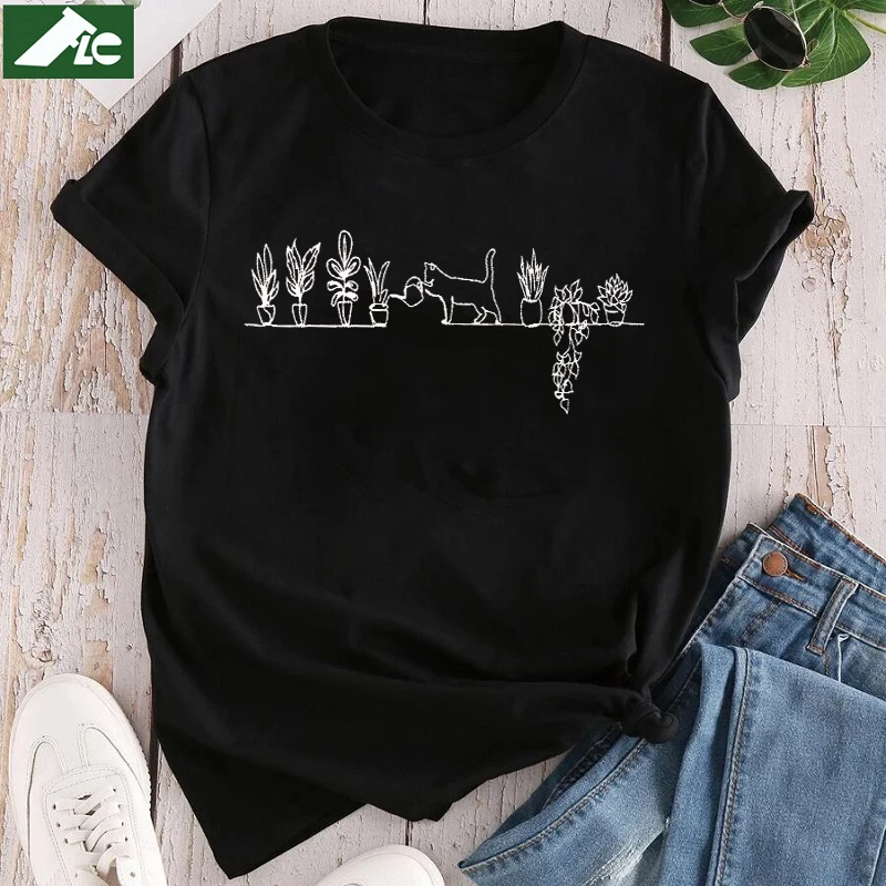 

Kawaii Cat Graphic Tee Tops Funny Cat Watering Plants Women's Vintage T-Shirt Oversized Female T Shirt Unisex Cotton streetwear
