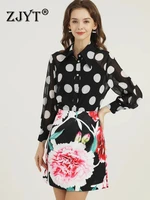 2022 spring fashion runway suits with floral skirt two piece dress set for women elegant designer polka dot print blouse outfit
