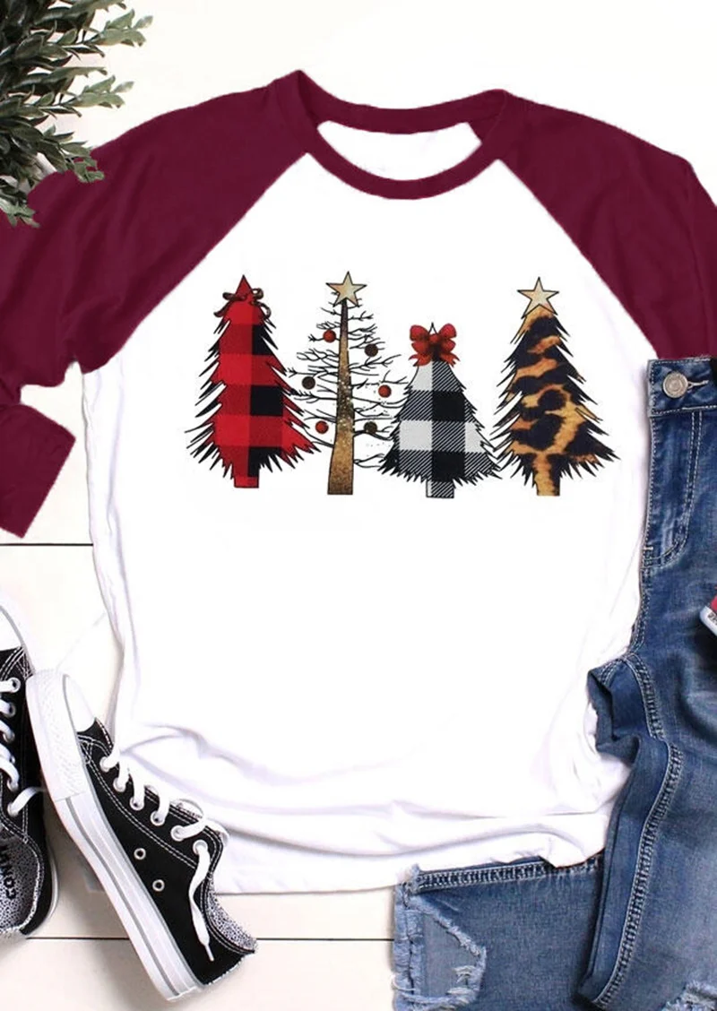 

Women Christmas T Shirt Autumn Winter Tee Shirts Raglan Sleeve Tee Female Christmas Tree Top Three Quarter Sleeve Tees