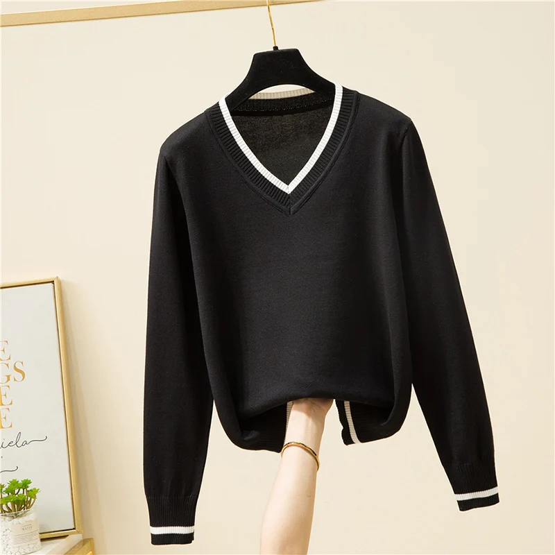 

Knitted Sweater Women V Neck Loose Autumn New Long Sleeve Casual Knitwear Female Patchwork Fashion All-Match Knit Pullover Femme