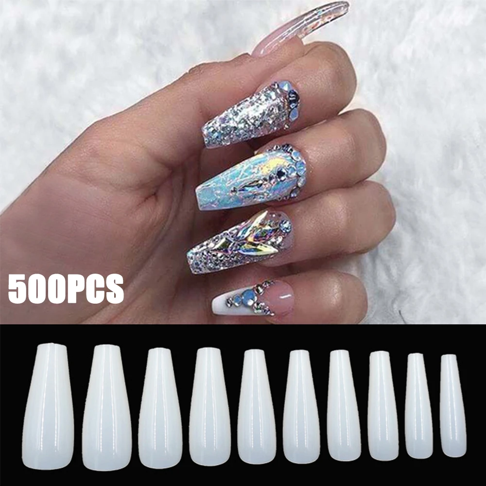 500 шт. Длинные накладные ногти в форме балерины белый/прозрачный/натуральный гроб