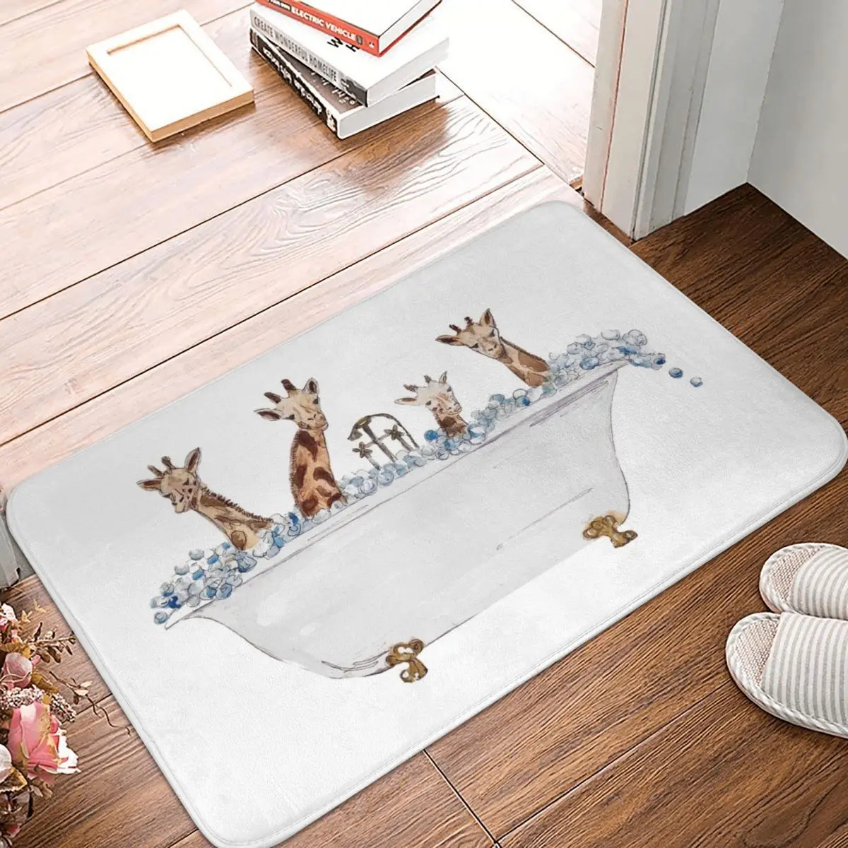 

Giraffes In A Tub Doormat Carpet Mat Rug Polyester PVC Non-Slip Floor Decor Bath Bathroom Kitchen Balcony 40x60