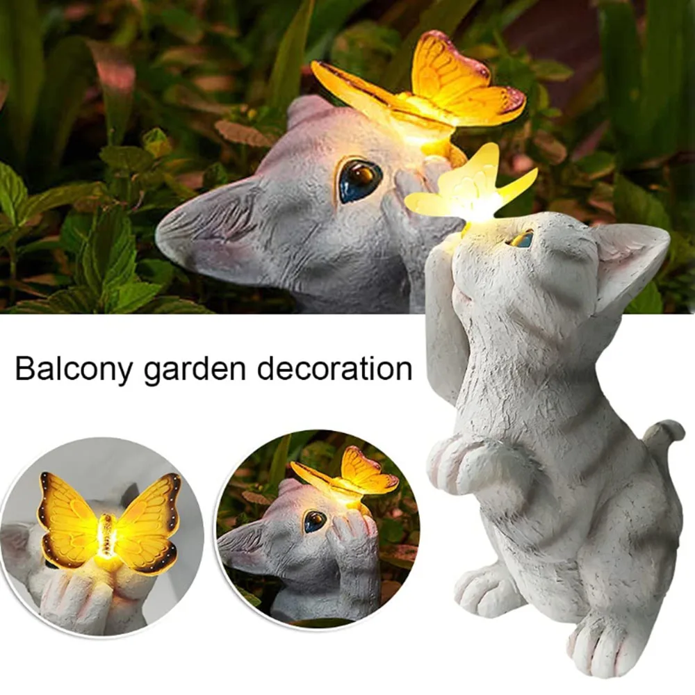 

Solar LED Lights Cute Cat and Butterfly FigurineResin Ornament Garden Lamp Ornament for Patio Lawn Art Decoration