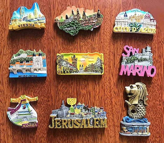 

Vienna Prague Germany Czech San Marino Korea Hanbok Jerusalem Singapore Golden Fishtail Lion Resin Refrigerator Magnets Stickers