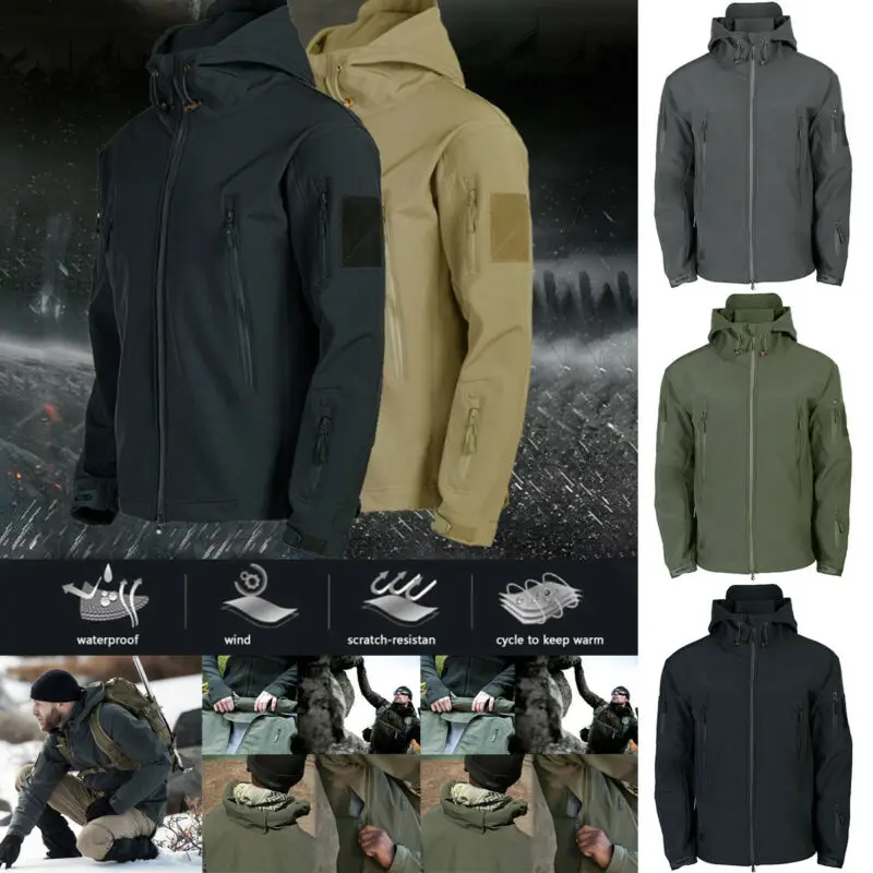 

Men Waterproof Shell Jacket Tactical Hoodie Windbreaker Winter Warmer Soft Coat