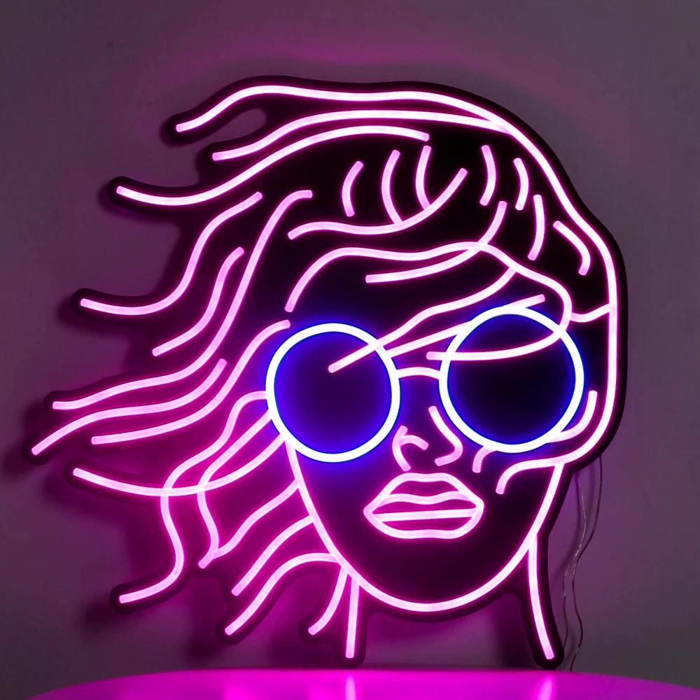 Pink WOMEN GIRL HEAD PORTRAIT Glasses Led Neon Lights Shaped Neon Wall Art for SPA, Cinema, KTV Nail Salon Home Décor Bedroom