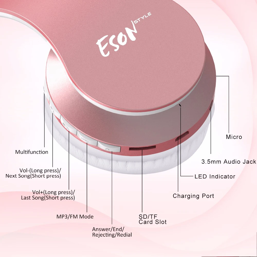 Складные наушники Eson, bluetooth-наушники на ухо с мягкими наушниками-розовое золото