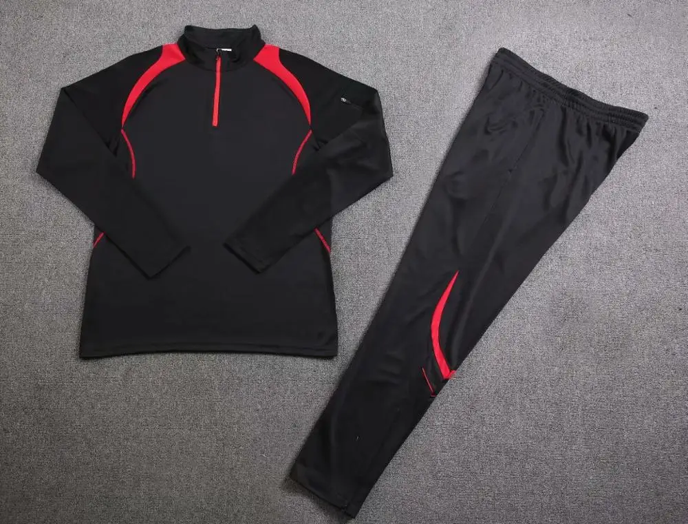 balck-red Спортивный костюм на молнии с карманом для футбола для мальчиков, Мужская зимняя тренировочная Футбольная форма, толстовка, длинные штаны черного цвета - Цвет: balck-red