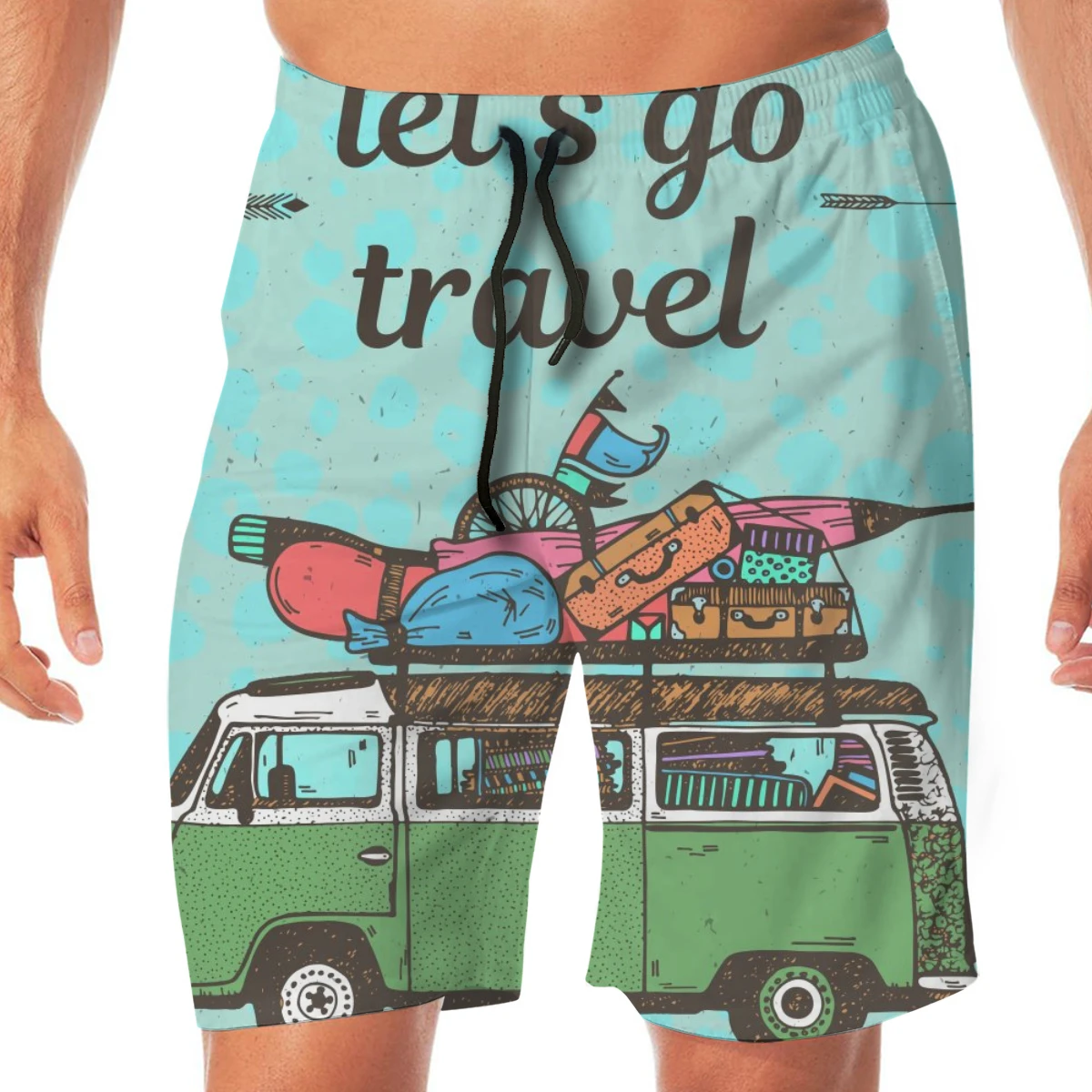 

Funny Mini Van Luggage With Let`s Go Travel Men's Beach Pants Quick Drying Beach Shorts Swimming Trunks Loose Swimwear Shorts