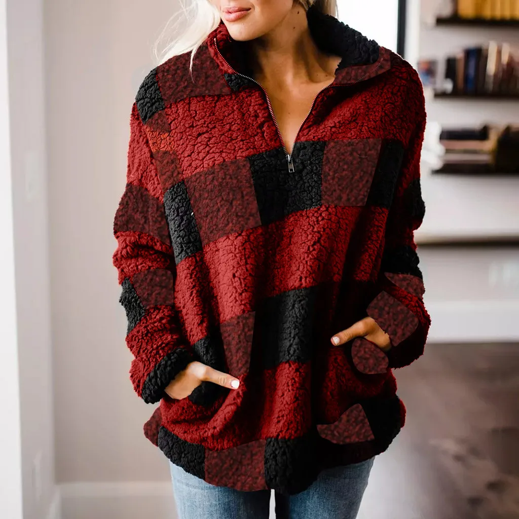 Fleece Teddy Hoodies Womens Sweatshirt Stripe Plush Pocket Zipper Top Pullover Women Outerwear Coats 2020 | Женская одежда
