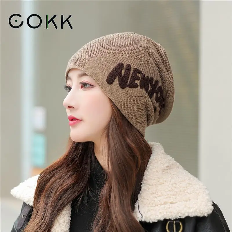 

COKK Hat Women Winter Autumn Thick Velvet Beanie Letter Pattern Baggy Cap Knitted Bonnet Femme Solid Gorro Keep Warm Beanies New