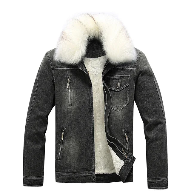 Men's Autumn Winter Parka Thick Velvet Coat Men's Warm Denim Jacket Cowboy Coat Fur Collar