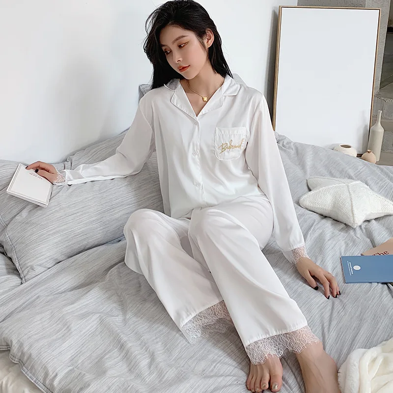 

Embroidery Bridesmaid Wedding Pajamas Suit With Lace Sexy 2PCS Shirt&Pants Suit Summer Satin Pyjamas Lapel Long Sleeve Sleepwear