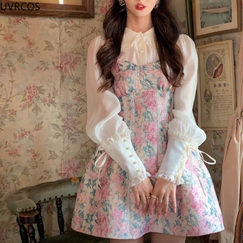 

Sweet Floral 2 Piece Dress Set Women Vintage Kawaii Lolita Dress Korean Fashion Suits Y2k Mini Dresses For Female 2021 Elegant