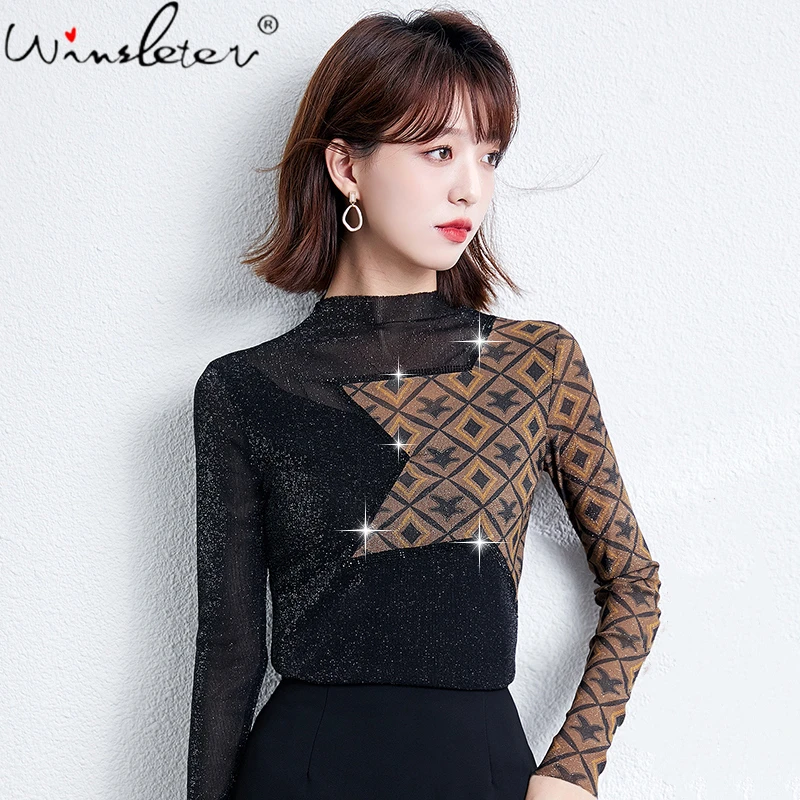 

Spring 2022 T-shirt Women Star Patchwork Print Mesh Stretchy Tops Tshirt Long Sleeve Women Clothing T1N002A