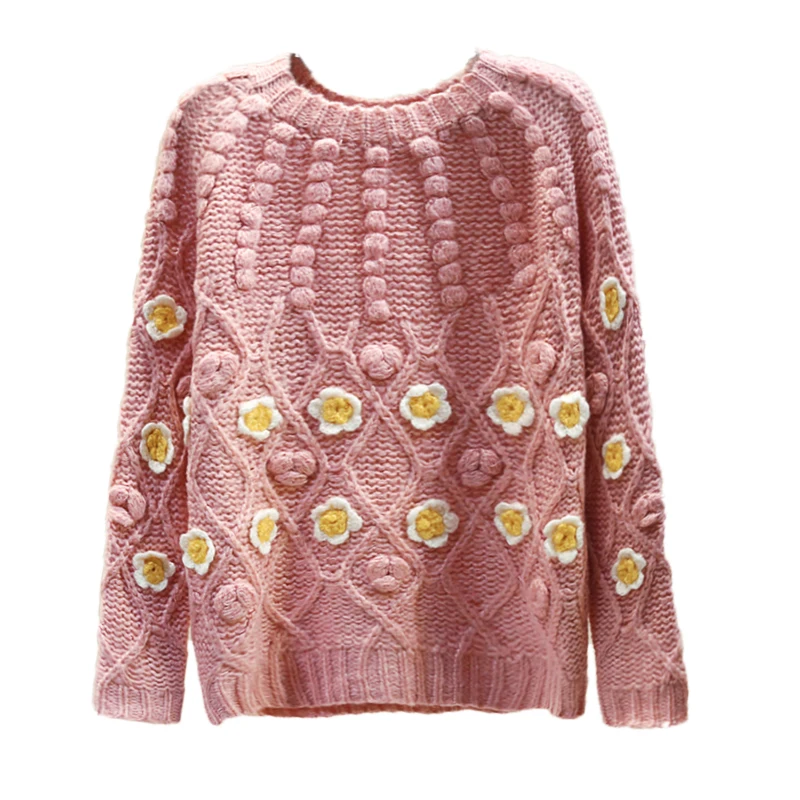 

Embroidery Three-Dimensional Flower Pullover Knit Tops Women Sweater 2020 New Women's Winter Sweaters Fashion Knitted Coat Mujer