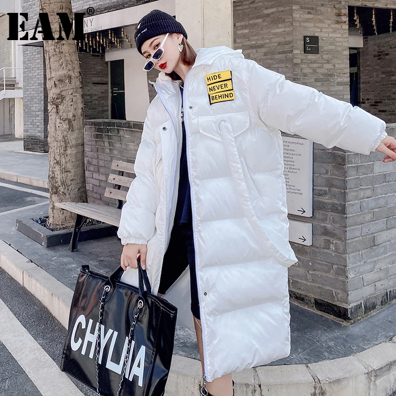 

[EAM] White Big Size Hooded Cotton-padded Coat Long Sleeve Loose Fit Women Parkas Fashion Tide New Autumn Winter 2021 1DE3960