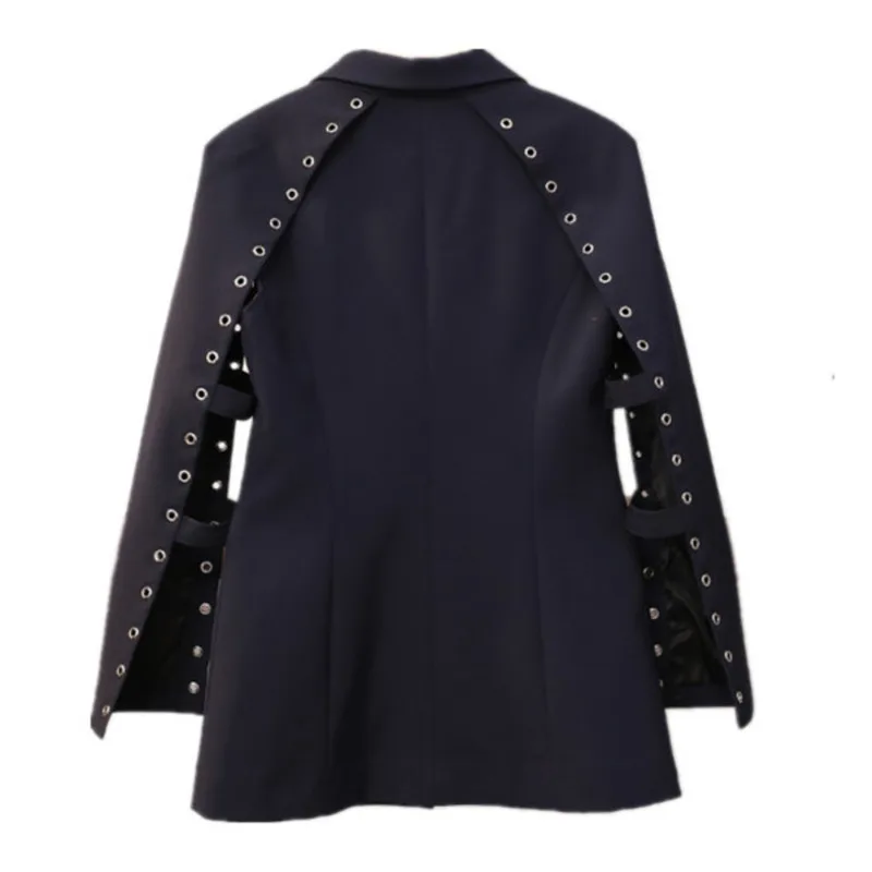 

[DEAT] V-neck Collar Long Sleeve Single Breasted Hollow Out Solid Black Cape Type Suit For Women Mall Goth 2021 Spring GX704