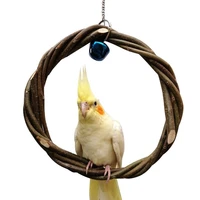 1 piece round wooden bird swing toy funny bird cage stand perch toy with bell parrots interactive chew toys birds accessories