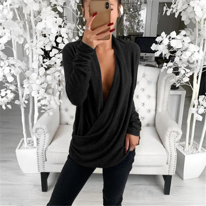 

Fashion 2019 Sexy Women Casual Loose Shirt Long Sleeve Pleated Wrap Top Tunic Solid Blouse Deep V-neck Criss-cross Shirt Outwear