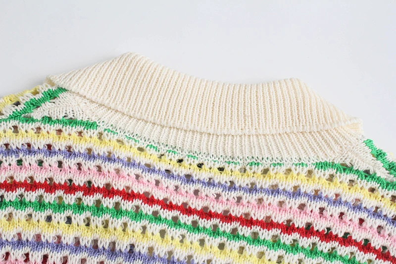 

Splend Moda Autumn 2021 Hollow Cardigan Striped Knitted Vintage Rainbow Jacquard Single-Breasted Top Women Fashion Sweater