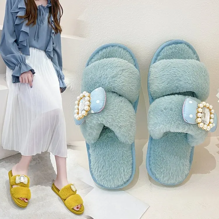 

Winter New Ladies Cotton Slippers Simple and Comfortable Bow Cotton Slippers Women Flat Slippers Women Furry Slippers Women