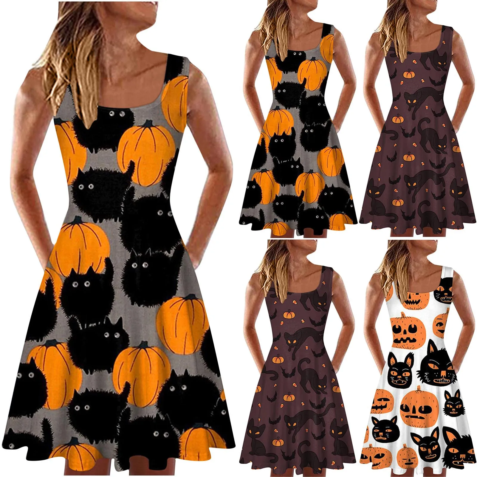 

ISHOWTIENDA 2021 платья с принтом на Хэллоуин для женщин модные летние женские платья с круглым вырезом платье без рукавов с принтом тыквы