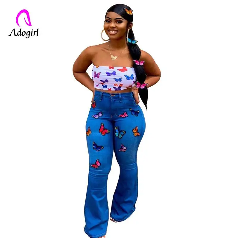 Синие джинсы с вышивкой Женские винтажные длинные расклешенные брюки высокой