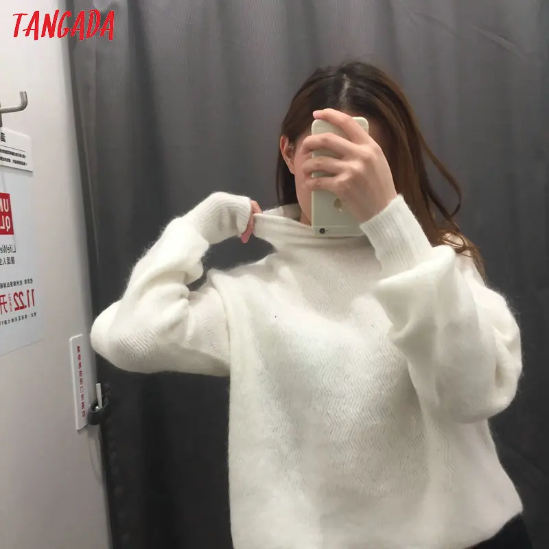 Tangada женские синие негабаритных укороченных джемперы с воротником толстые теплые зимний свитер с длинным рукавом вязаная одежда 3H224