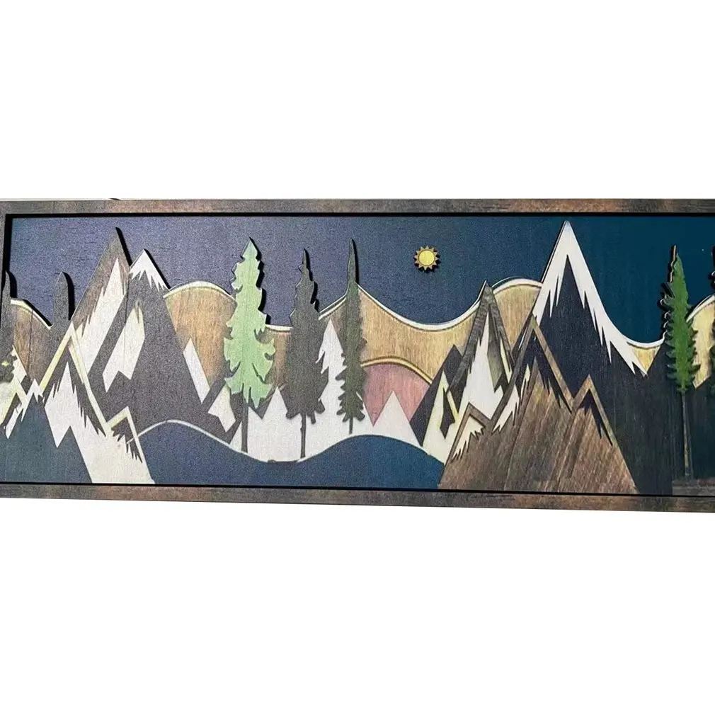 

3D Stereo Sunset And Moonlight Mountain Handmade Wood Wall Art Abstract Minimalist Nature Forest Wall Decor Framed Wall Art