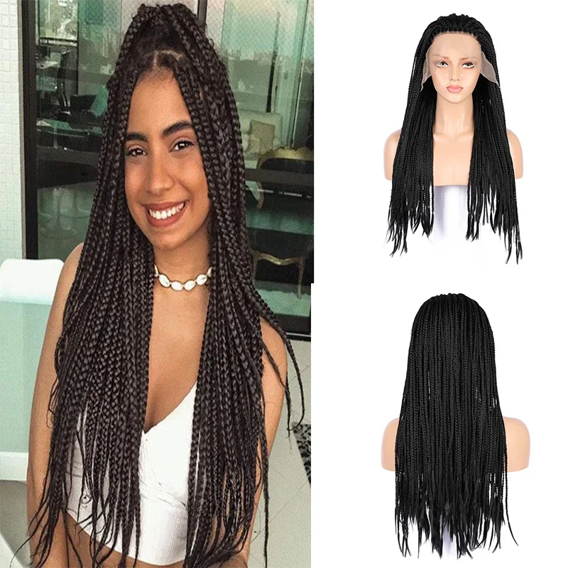 26 Inch Black Color Long Synthetic Lace Front Wigs Box Braided Wigs For Black Women Braided Wig Heat Resistant Braiding Hair