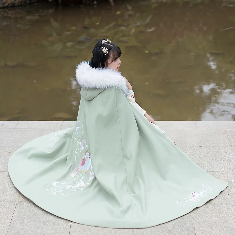 

Winter Original Hanfu Women's Cloak Chinese Style Lengthened Plush Warm Wool Coat Antique Heavy Industry Embroidery